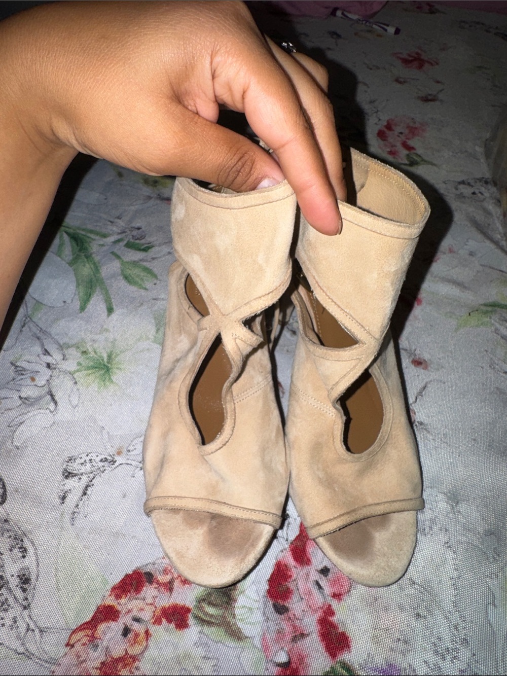 Aquazzura Beige Suede Cutout Peep-Toe Heels